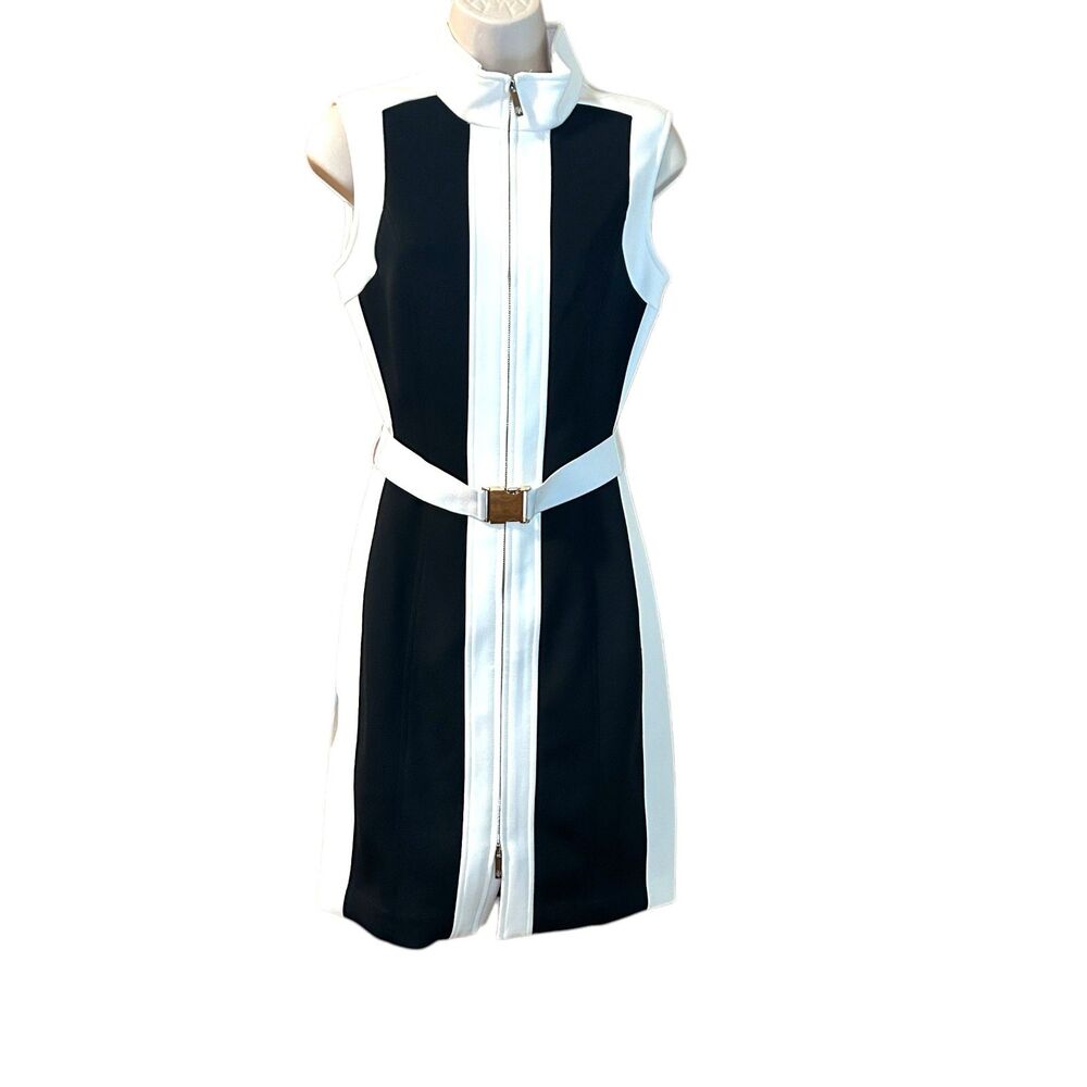 Tommy Hilfiger Black and White Sleeveless Zip Front Midi Dress